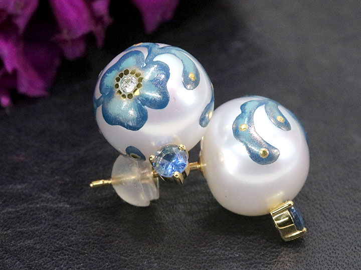 淡水パールに伝統的な蒔絵が描かれた芸術的ジュエリー K18YG イエロー