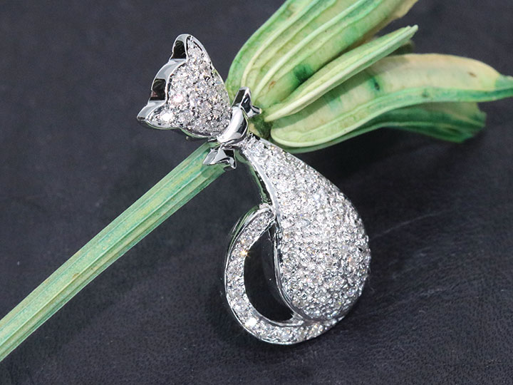 ダイヤモンド 0.44カラット K18WGホワイトゴールド ブローチ 猫