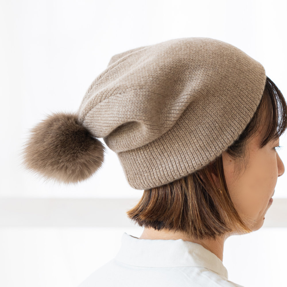 カシミヤ 帽子 レディース ニット帽 ポンポン付きカシミヤ帽子 秋 冬