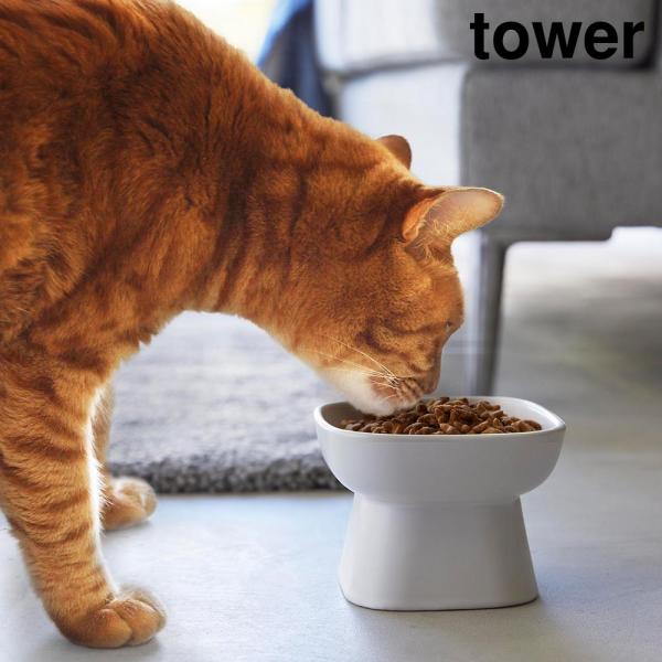 食べやすい高さ陶器ペットフードボウル タワー 山崎実業 tower 約200mL ホワイト ブラック 1779 1780 タワーシリーズ yamazaki | tower