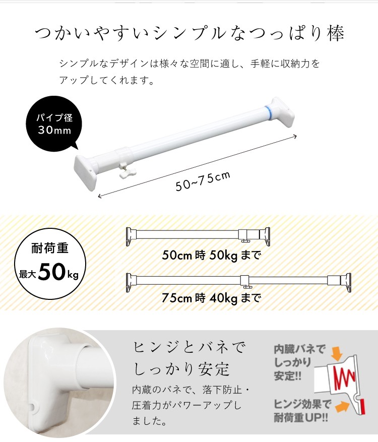 突ぱりパワフルポール 特小 白 幅：50〜75cm 耐荷重：50〜40kg RTW-50