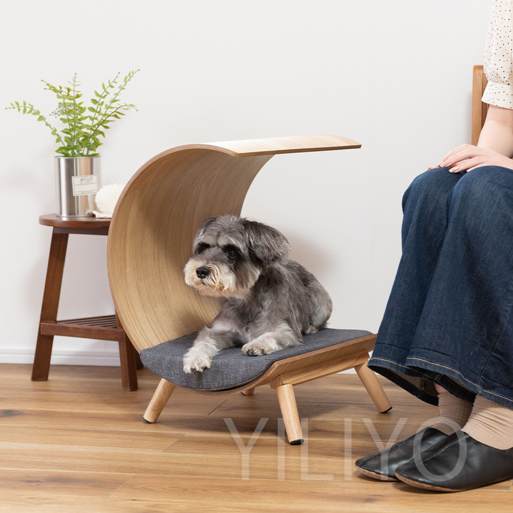 木製月型犬用ベッド 犬 猫 ベッド 天然木 丸い ソファ シンプル 月 ペット マット付 カーブ
