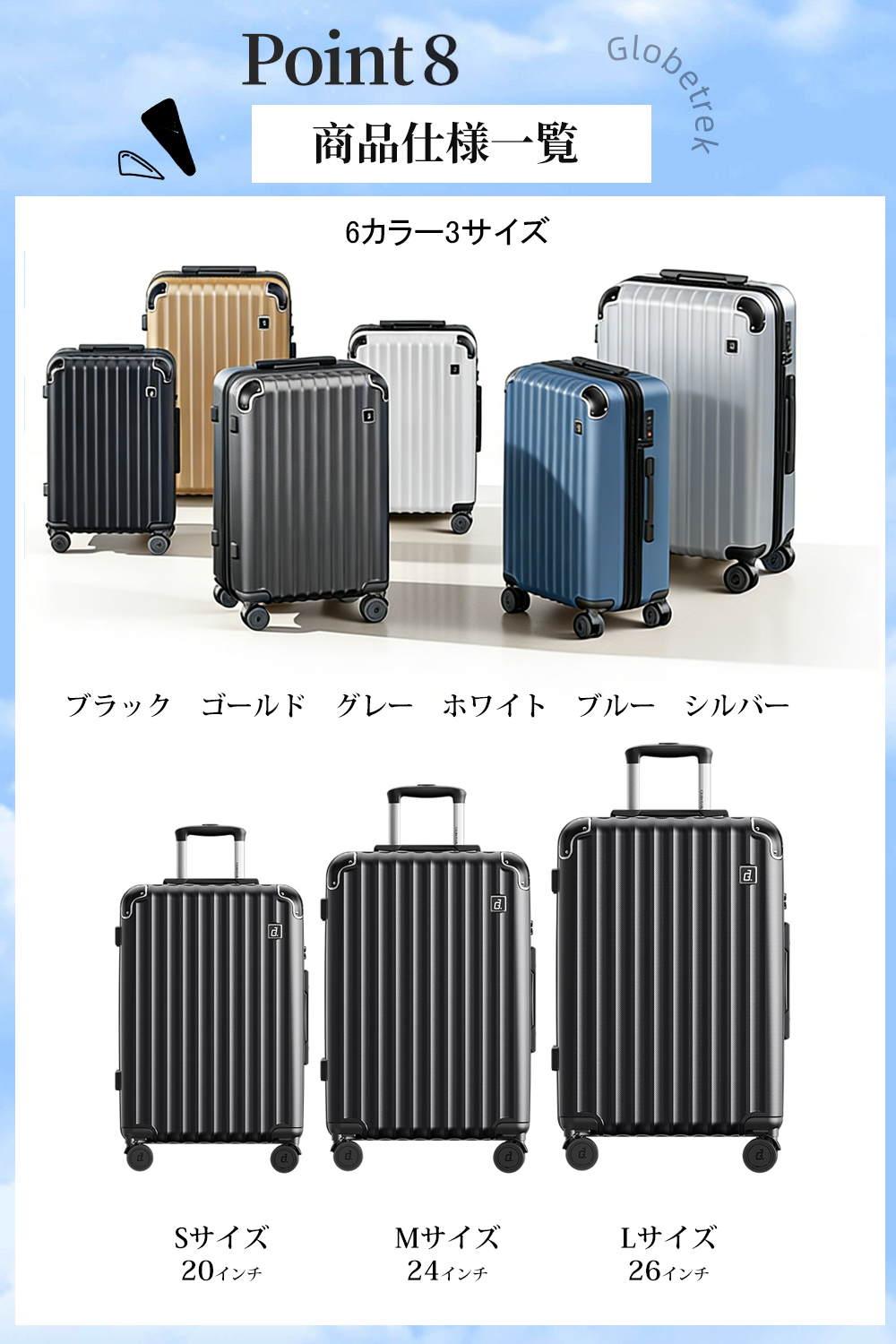 Globetrek スーツケース キャリーケース S/M/L  軽量設計 S M L機内持込対応 大容量 2-7泊 収納 仕切り 旅行 出張 修学旅行 GT1201の画像