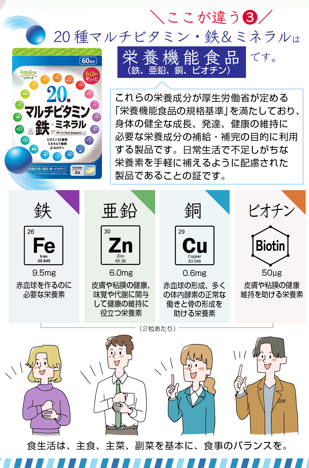 栄養機能食品/栄養分摂取/ミネラル/鉄/亜鉛/銅/ビオチン