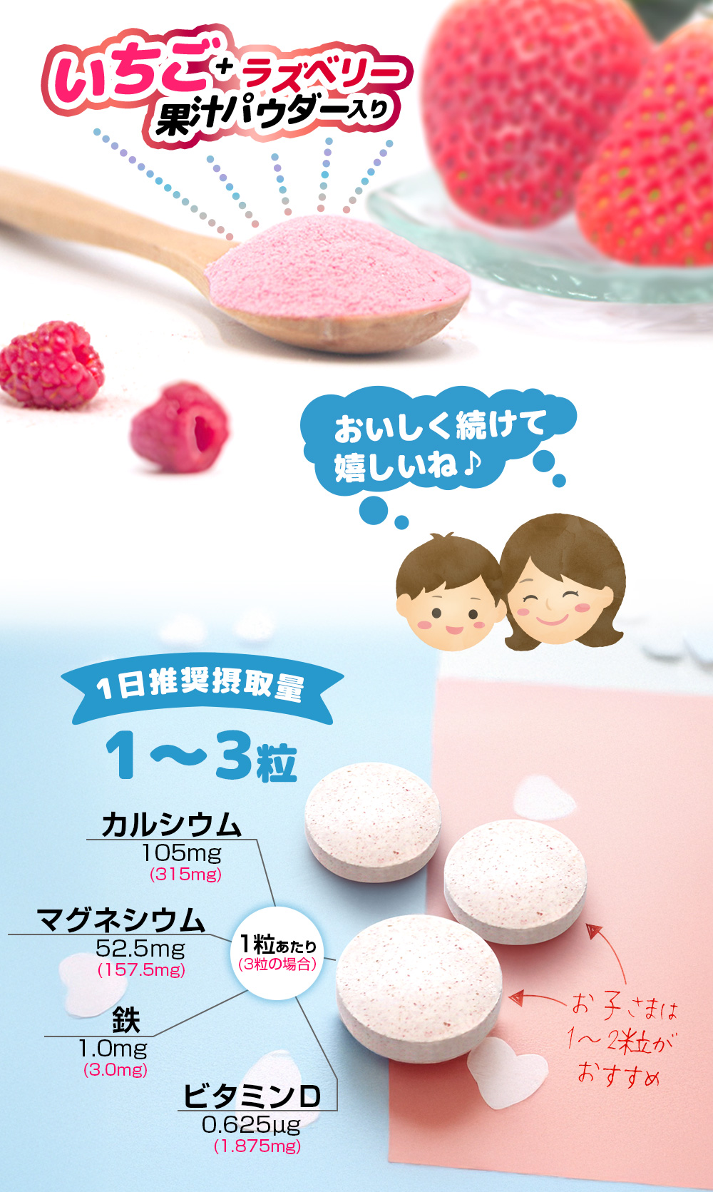 1日１〜３粒（お子さまは１〜２粒がおすすめ）カルシウム105mg/マグネシウム/鉄/ビタミンD