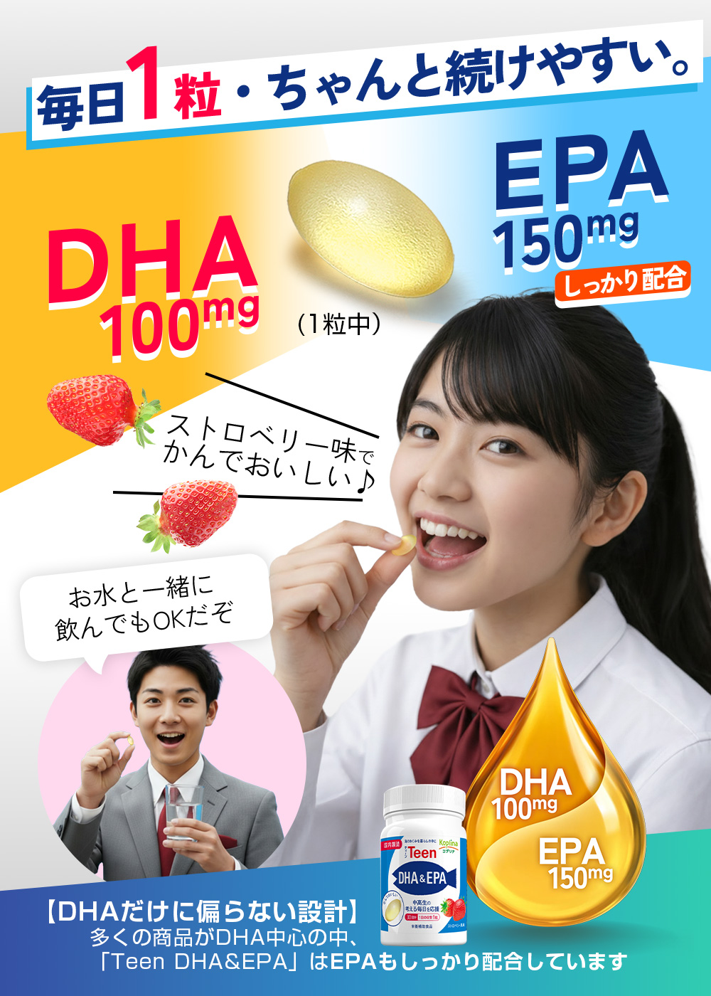 毎日1粒/ちゃんと続けやすい/DHA100mg/EPA150mg/EPAしっかり配合/ストロベリー味/かんでおいしい/お水と一緒に飲んでも