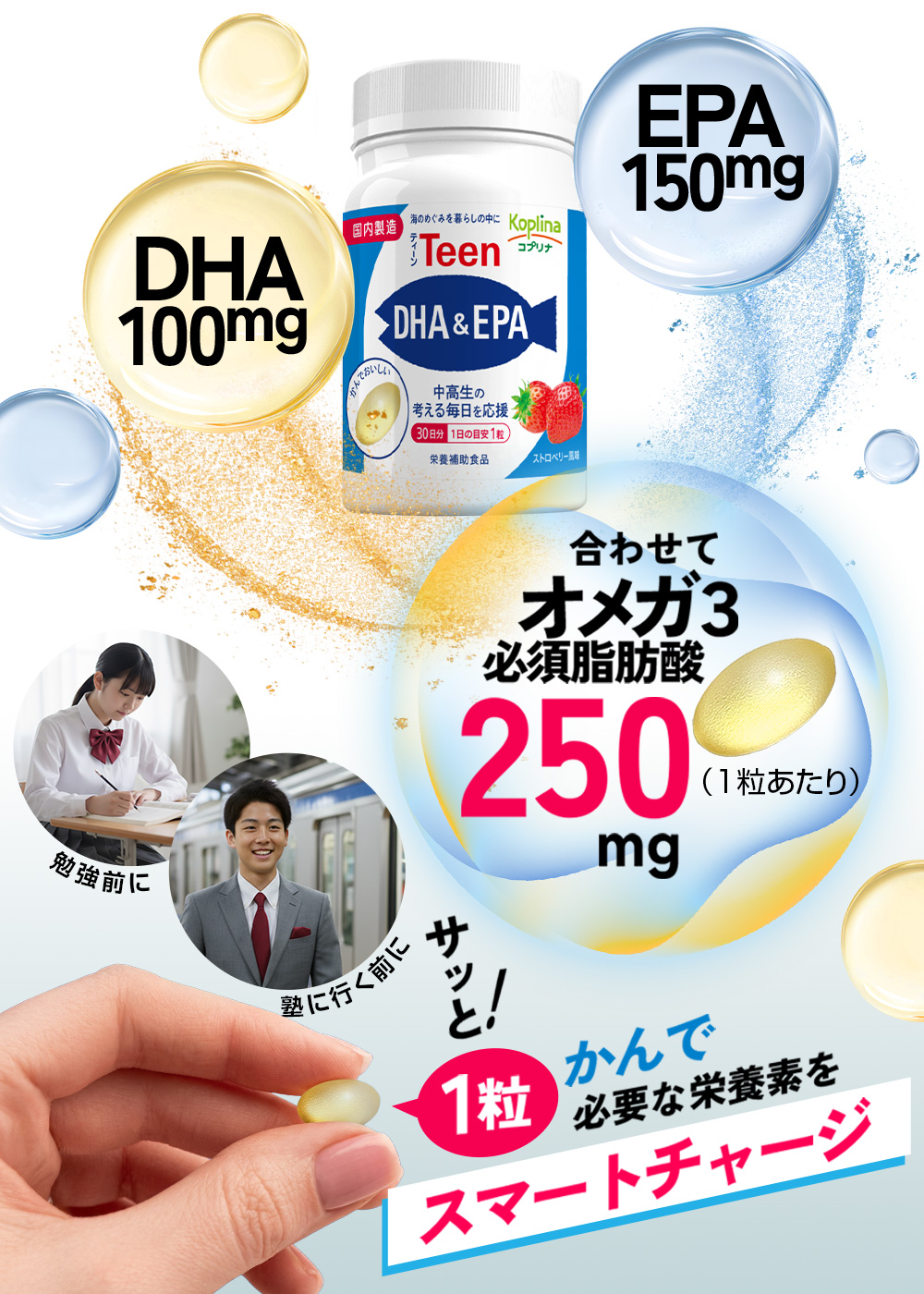 食事だけでDHAとEPAを補うのはやはり難しいが/私たち、かしこくTeen/DHA100mg/EPA150mg/合わせてオメガ3必須脂肪酸250mg