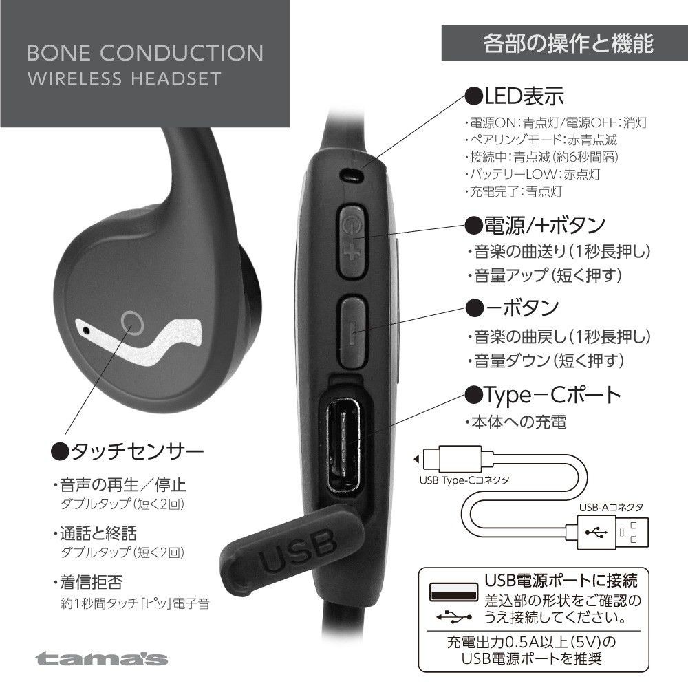公式 Tama 多摩電子工業 Bluetooth 骨伝導ワイヤレスヘッドセット Bs55 ワイヤレスイヤホン タッチセンサー対応 スポーツ 防水 音楽 再生 通話 解放感 ランニング