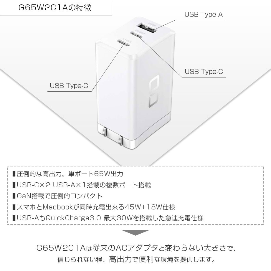 【アウトレット】CIO GaN 65W 充電器 ホワイト ACプラグタイプ GaN65W急速充電器 PD/PPS対応 3ポート USB-C（Type-C）×2 USB-A×1 CIO-G65W2C1A｜ymobileselection｜05
