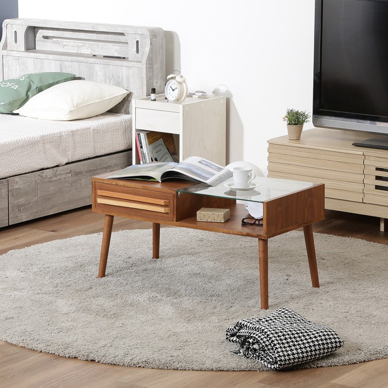 センターテーブル ローテーブル 幅80cm ガラステーブル 棚 引き出し