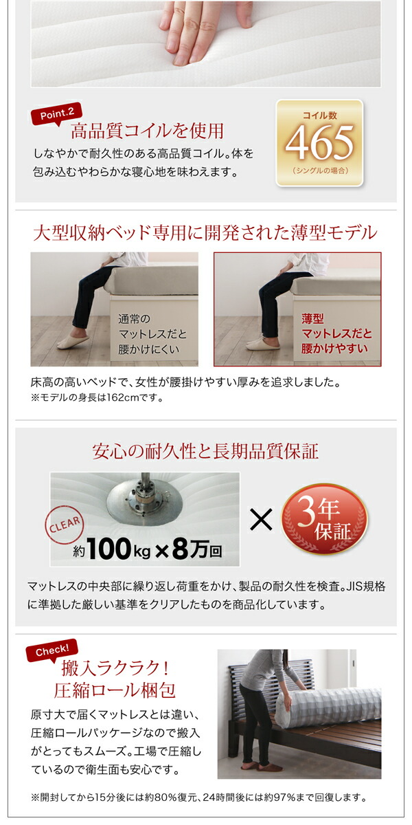 【値下げ】 ベッド 収納付きベッド 収納 収納付 跳ね上げベッド 深型 連結 薄型スタンダードポケットコイルマットレス付 縦開 クイーン(SS×2) 深さレギュラー 【2702903861】(98832円)