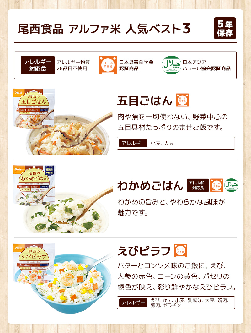 アルファ米 3大メーカー 人気ベスト3 9種類 27食 7日分以上 尾西食品