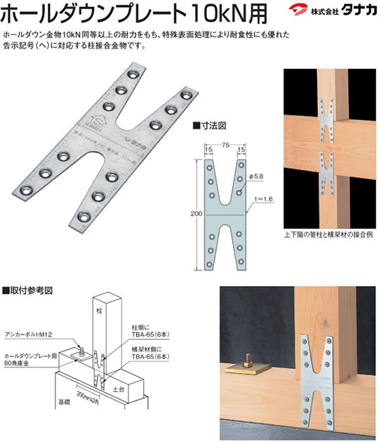タナカ ホールダウンプレート10kN用 ホールダウンプレート （200×75×t1