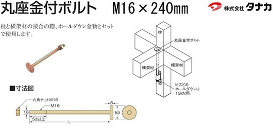 タナカ 丸座金付きボルト M16×240mm 20本 441-8124 基礎 内装 構造金物