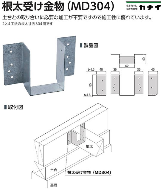 カナイ 根太受け金物 MD304 304用 40個 442-0334 基礎 内装 構造 土台