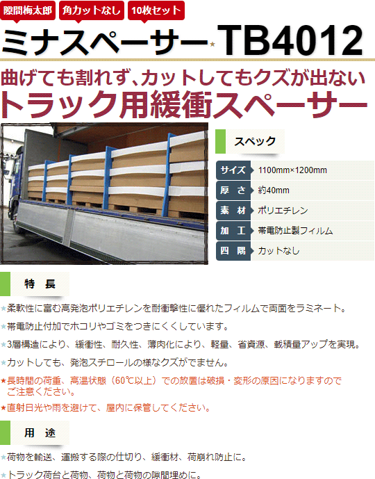 酒井化学工業 ミナスペーサー隙間梅太郎 端面被覆処理 パレットボード トラックボード 10枚入 コーナーカット トラック輸送緩衝材 1100 ×1200×20mm