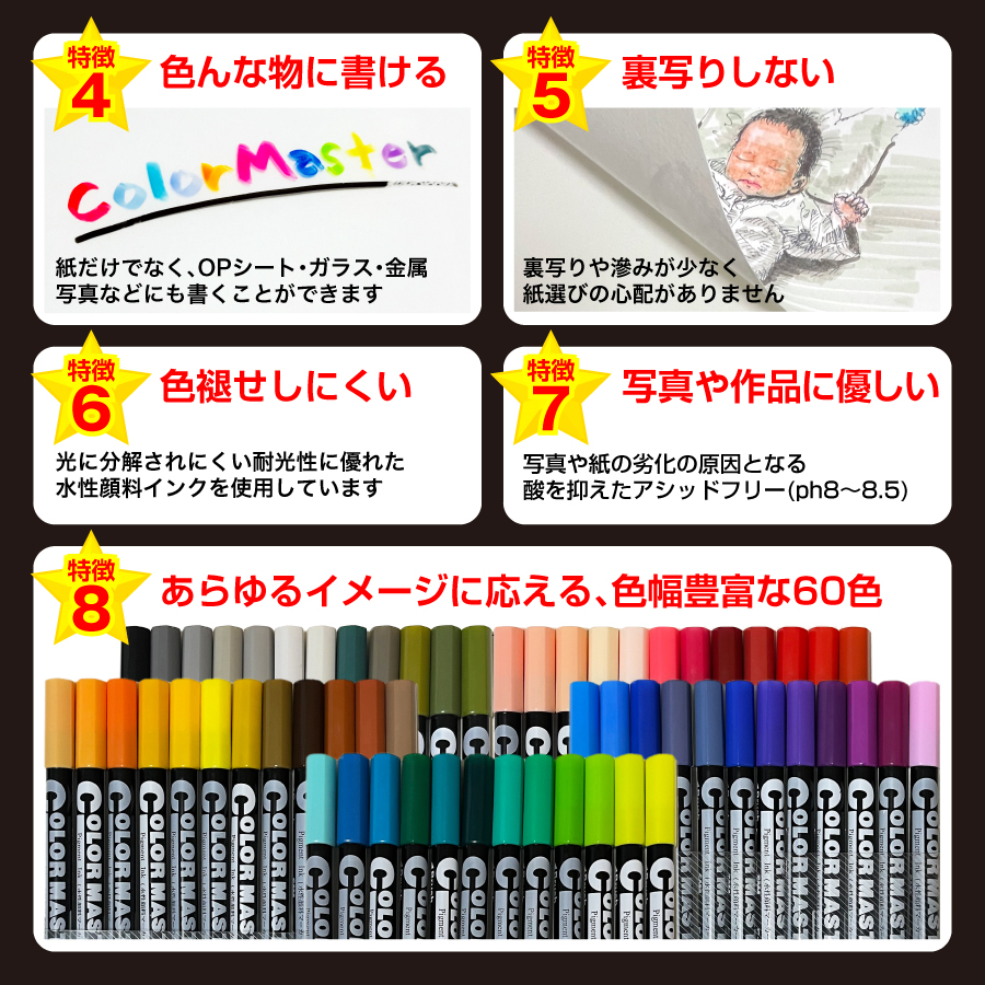 ColorMaster フェイスカラー12色セット｜SAM TRADING｜水性顔料 ツインマーカー 極細ペン 筆ペン｜裏移りなし 乾くと耐水