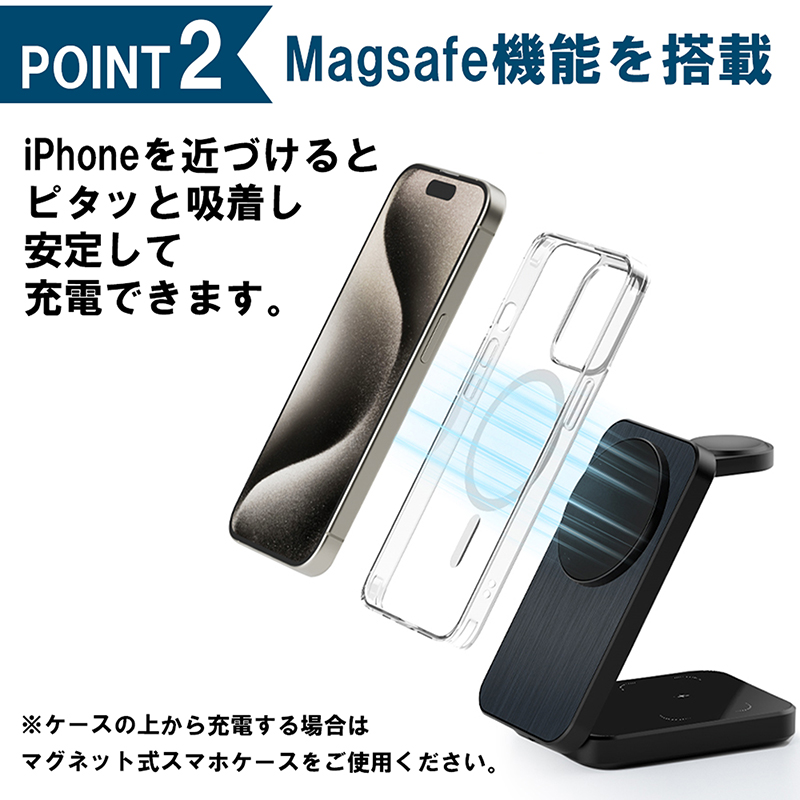 3in1 二つ折り型ワイヤレス充電器  スマホスタンド アップルウォッチ 充電器 マグセーフ iphone  最大15W Type C充電ケーブル apple watch｜yokohama-toner｜06