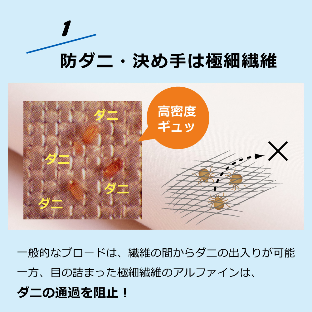生地の内側にダニを閉じ込める超極細で高密度な繊維のアルファインの掛け布団カバー