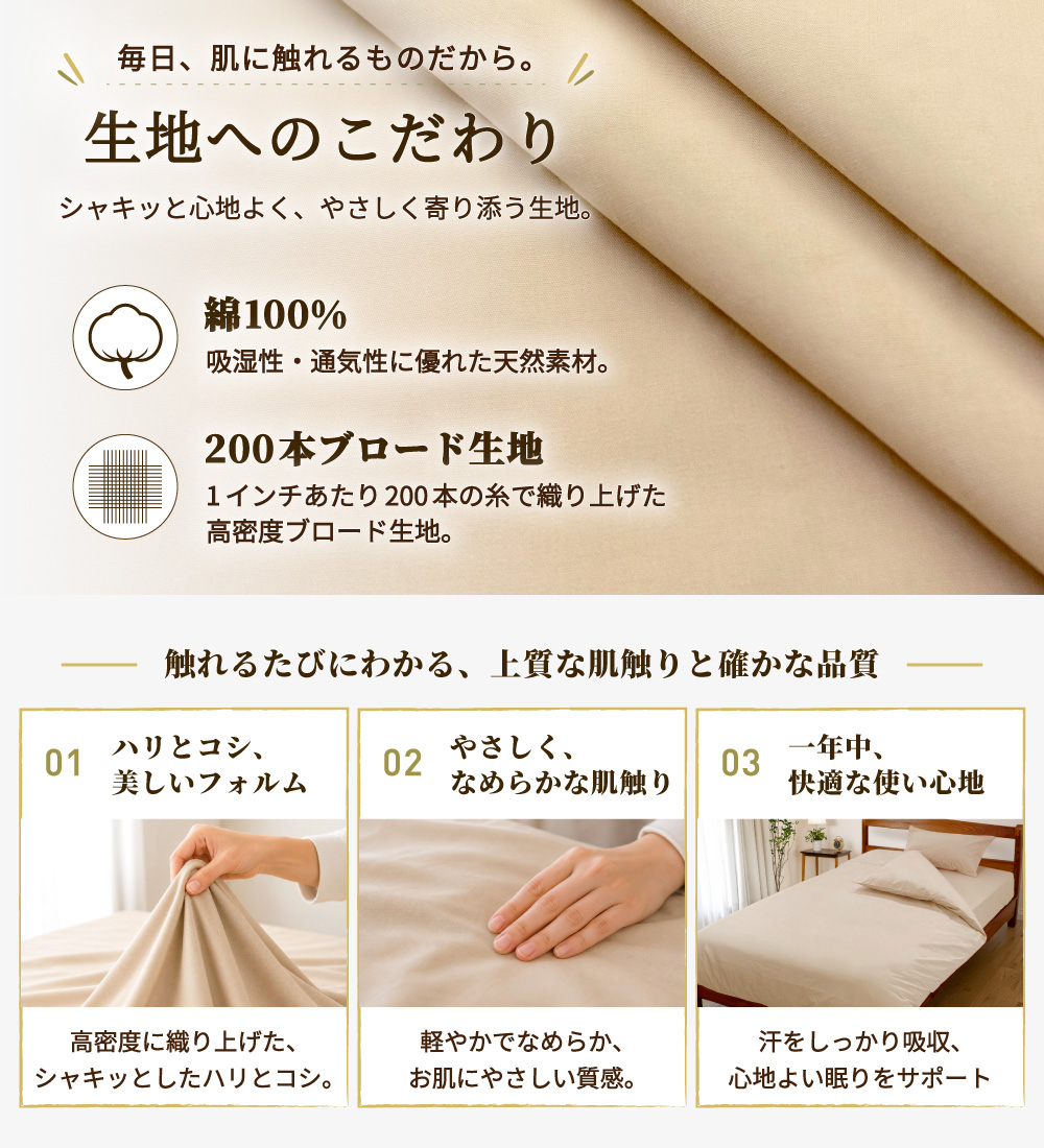 綿100%で200本ブロード生地の枕カバー
