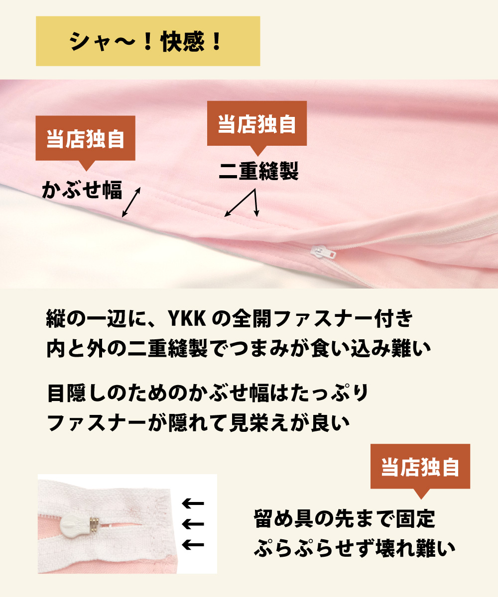 敷布団カバーはYKK全開ファスナー付きで開閉がスムーズでファスナーを隠すかぶせ幅はたっぷりで見栄え良く留め具の先まで固定し壊れ難い