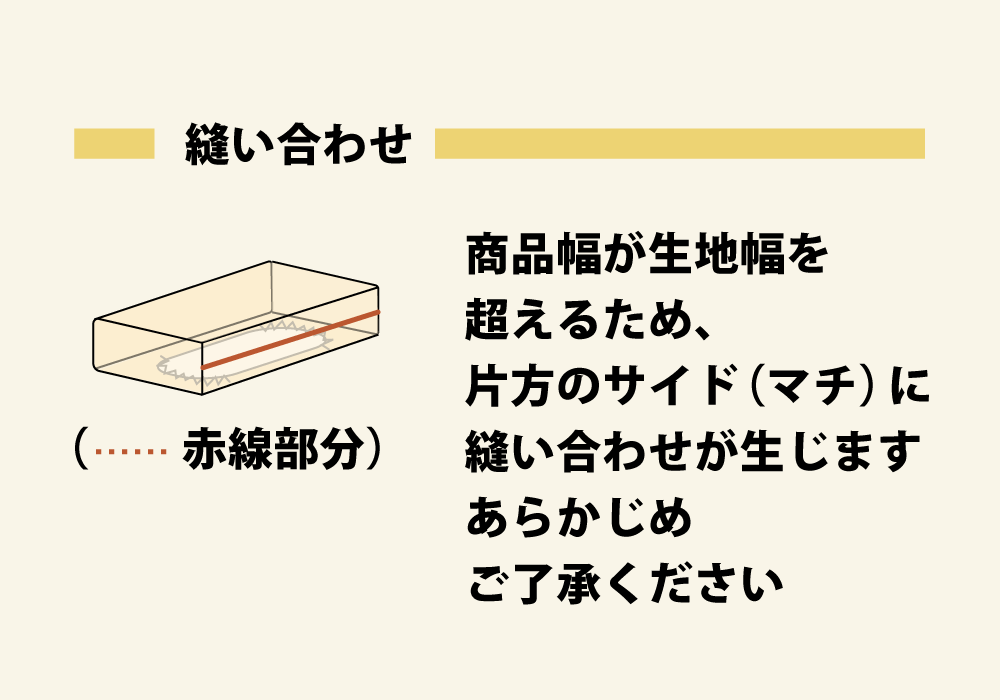 商品幅が生地幅を超えるため片側のマチ部分に縫い合わせあり