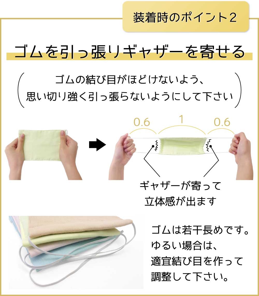 ゴムを軽く引っ張ってギャザーを寄せて装着する、思い切り強く引っ張らない、ギャザーが寄って立体感が出る、ゴムは若干長めについています、ゆるい場合は結び目を作って調節して下さい