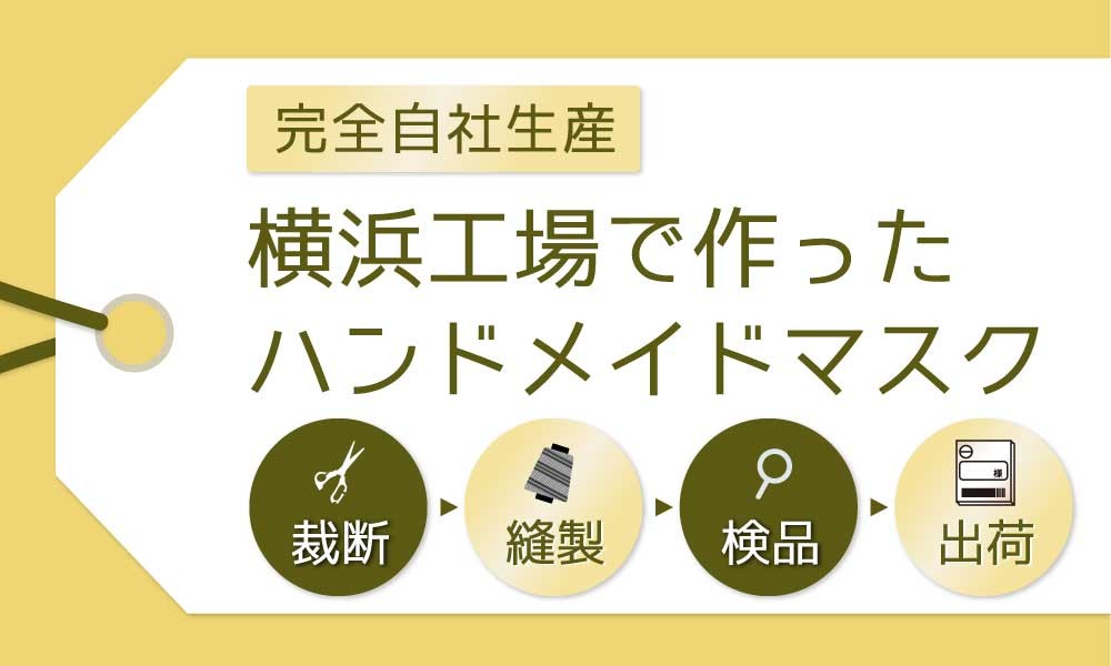 完全自社生産、裁断から出荷まで横浜工場で実施、ハンドメイドマスク