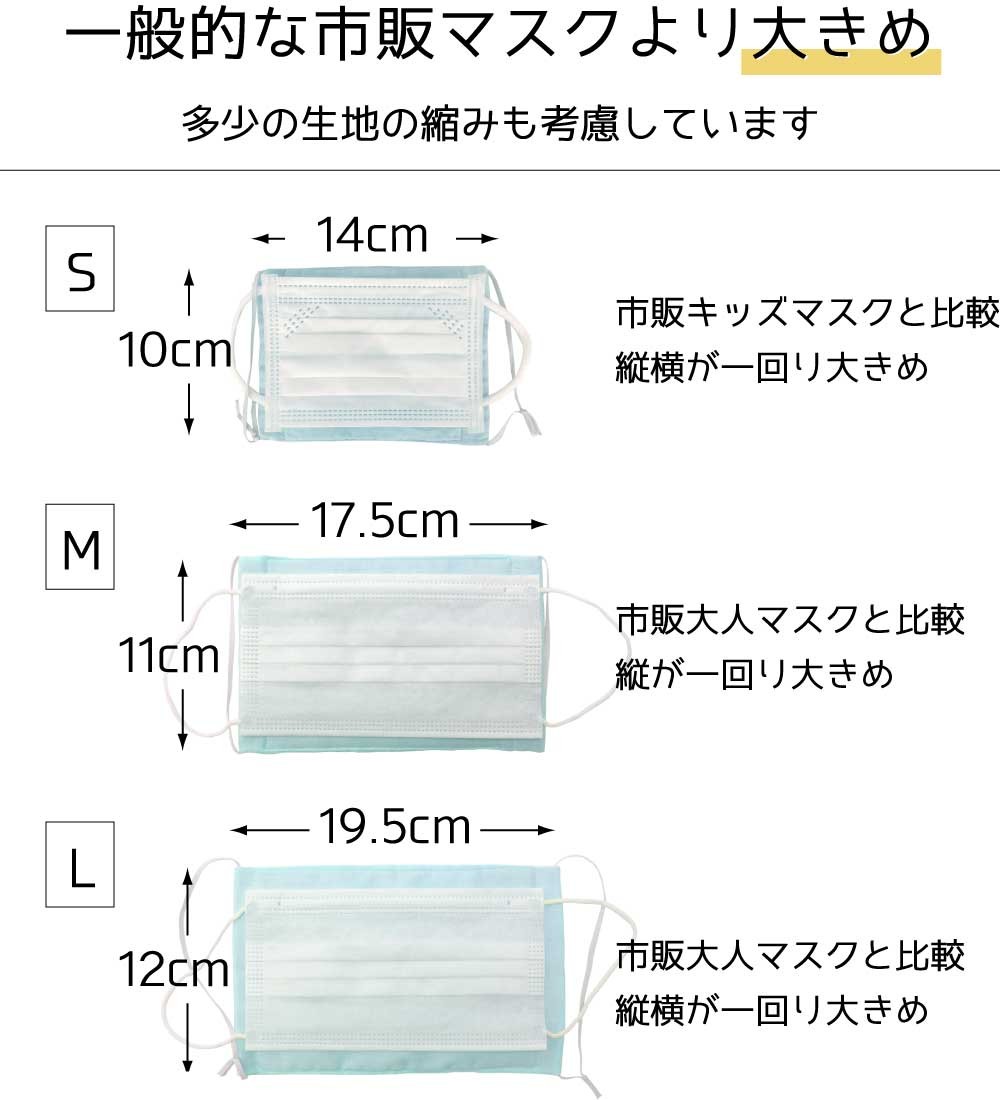 一般的なマスクより大きめ、多少の生地の縮みも考慮