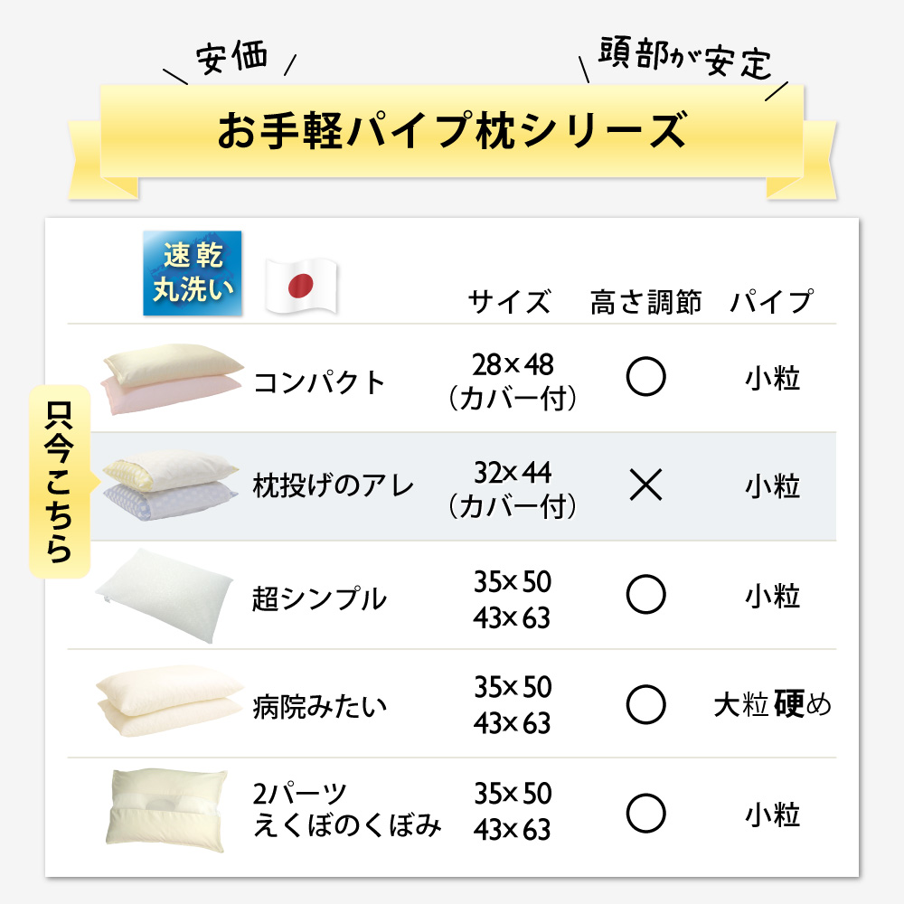 お手軽パイプ枕カバーシリーズ、速乾、丸洗い、日本製