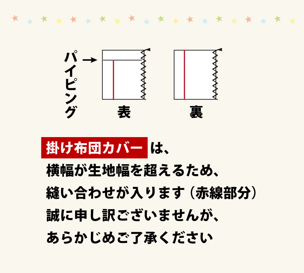 掛け布団カバーは商品幅が生地幅を超えるため縫い合わせあり