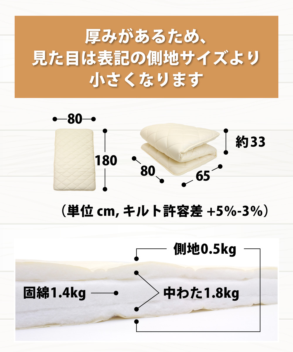 敷布団は厚みがあるため表記サイズより小さくなる