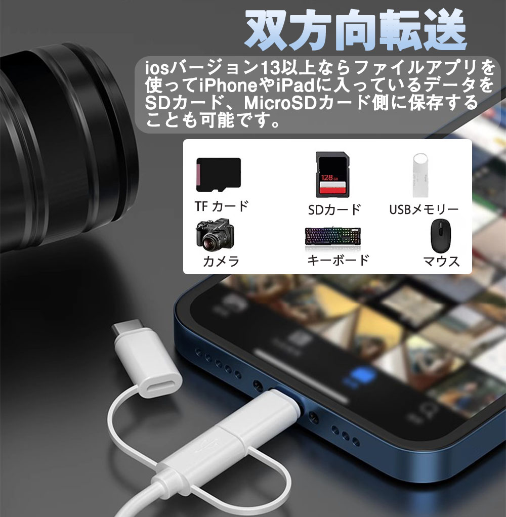 3in1 カードリーダー iPhone USB タイプ iOS Type-C Android アンドロイドネット ワーク不要 高速データ転送 スマホ対応 多機種 SDカード USBメモリ｜yoriyoi-kurashi｜07