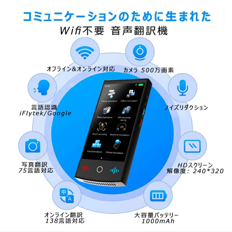 Wifi不要 翻訳機 音声翻訳機 オフライン翻訳対応 大画面 携帯翻訳機
