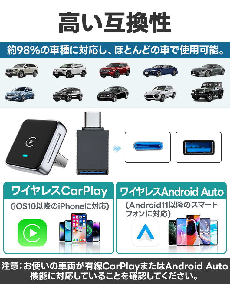 Carplay ワイヤレス アダプター ミニ Car Play Android Auto 対応 金属