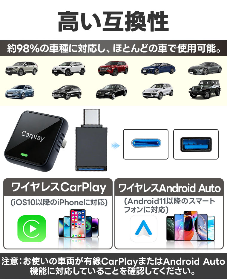 Carplay ワイヤレス アダプター ミニ Car Play Android Auto 対応 金属