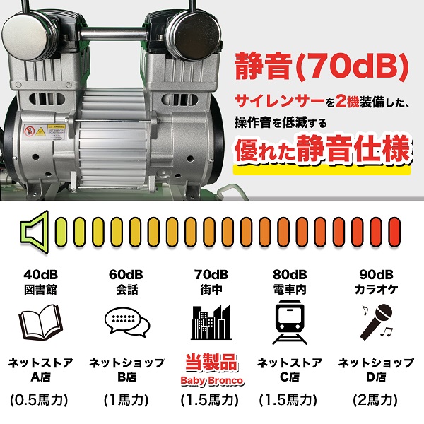 エアーコンプレッサー 100V オイルレス 静音 1.5馬力 39L (Baby Bronco 