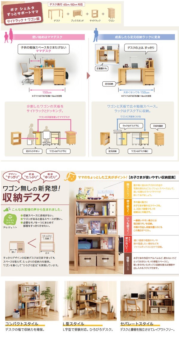 ボナシェルタ カリモク 基本3点セット (デスク ワゴン ブック