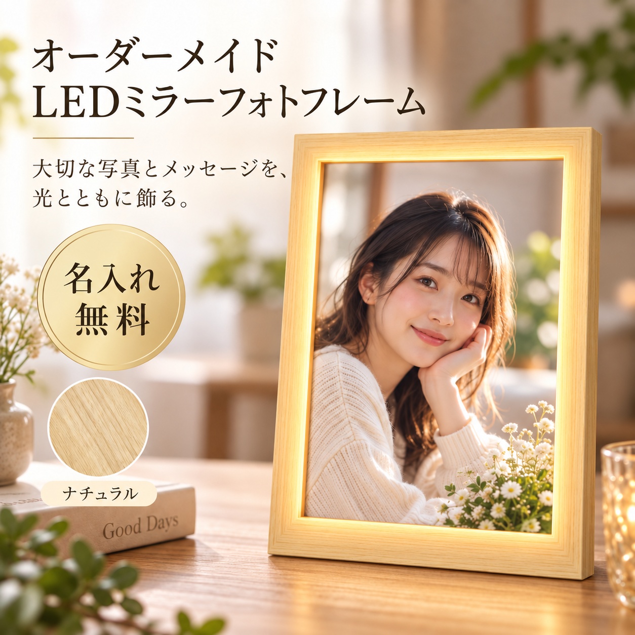 写真入り フォトフレーム LEDマジックミラー 名入れ無料 名前入り オーダーメイド 光る写真立て 鏡 ライト付き 卓上 写真オーダー オリジナル フォトミラー ★