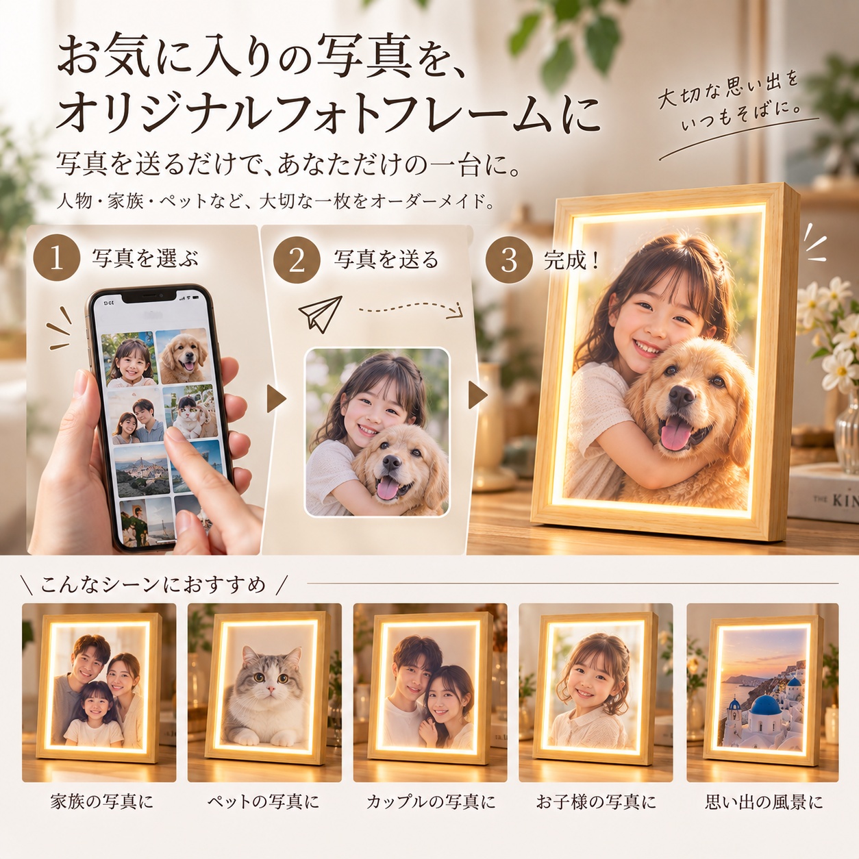 写真入り フォトフレーム LEDマジックミラー 名入れ無料 名前入り
