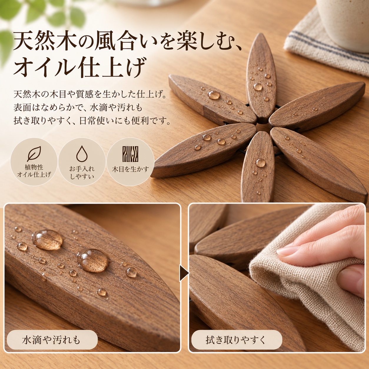 鍋敷き 木製 ツリー型 収納スタンド付き 名入れ無料 刻印 折りたたみ