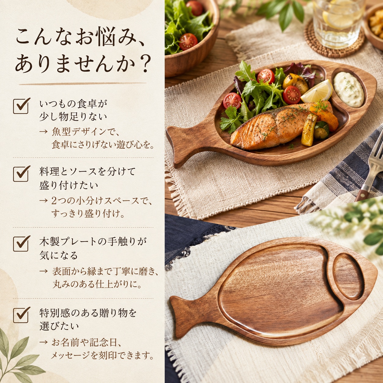 木製プレート 魚型 アカシア 名入れ無料 お魚プレート フィッシュ