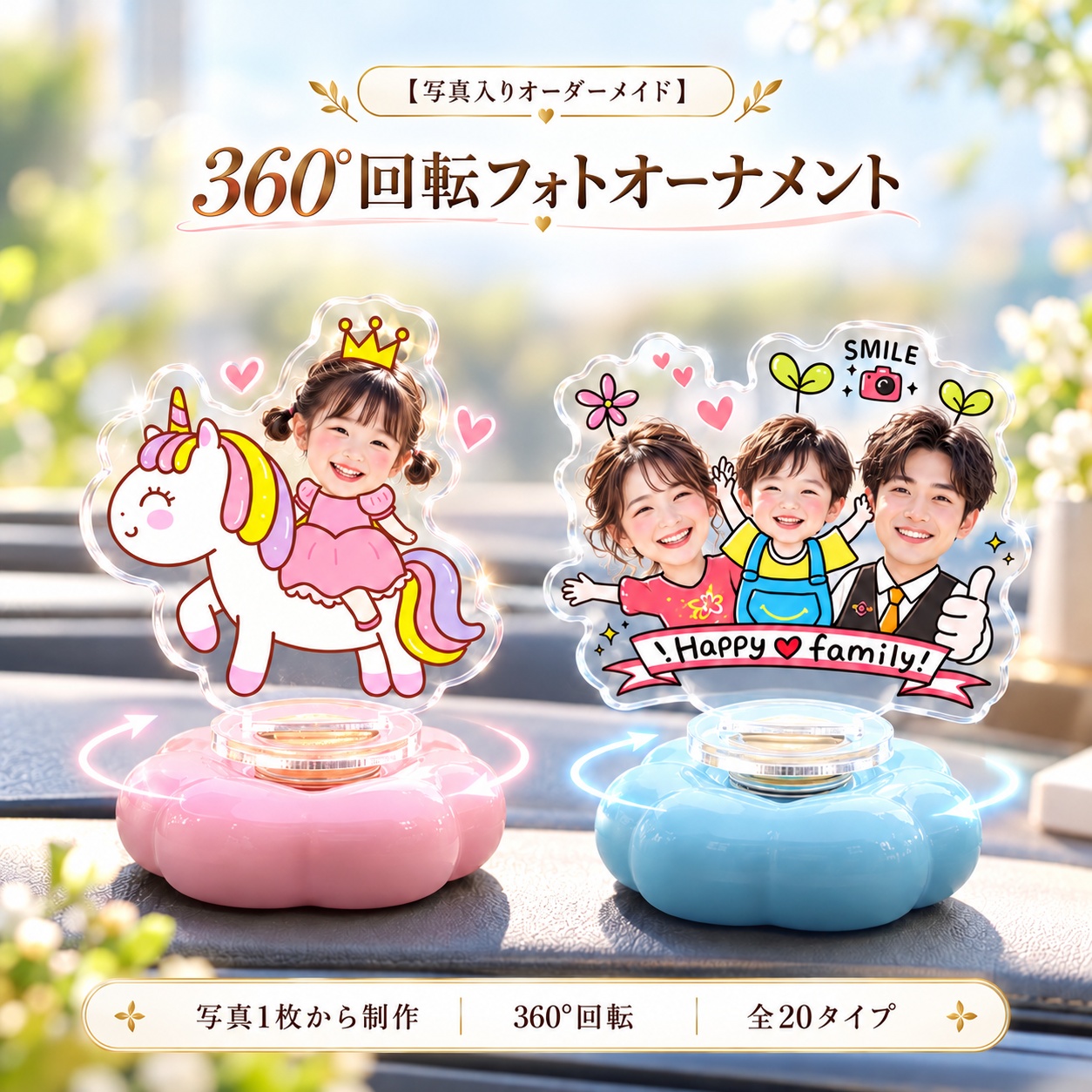 カーアクセサリー 写真入り オーダーメイド 360度回転 車内飾り アクリルスタンド 名入れ無料 車載 フォトスタンド ダッシュボード 置物 ペット 犬 猫 ★