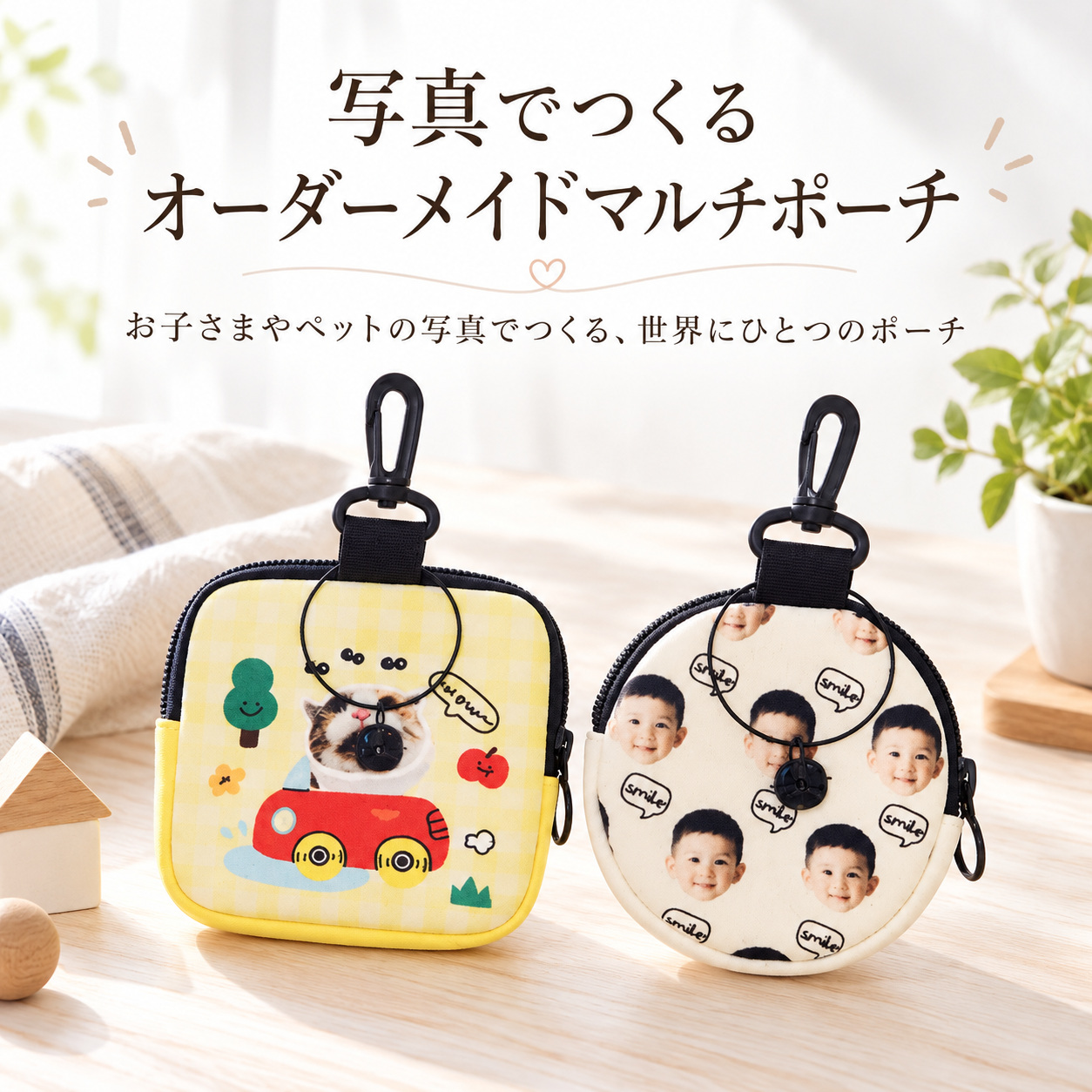 写真入り ポーチ オリジナル ミニポーチ 名入れ無料 写真プリント オーダーメイド コインケース 小銭入れ 小物入れ フック付き バッグチャーム 子供 赤ちゃん ★
