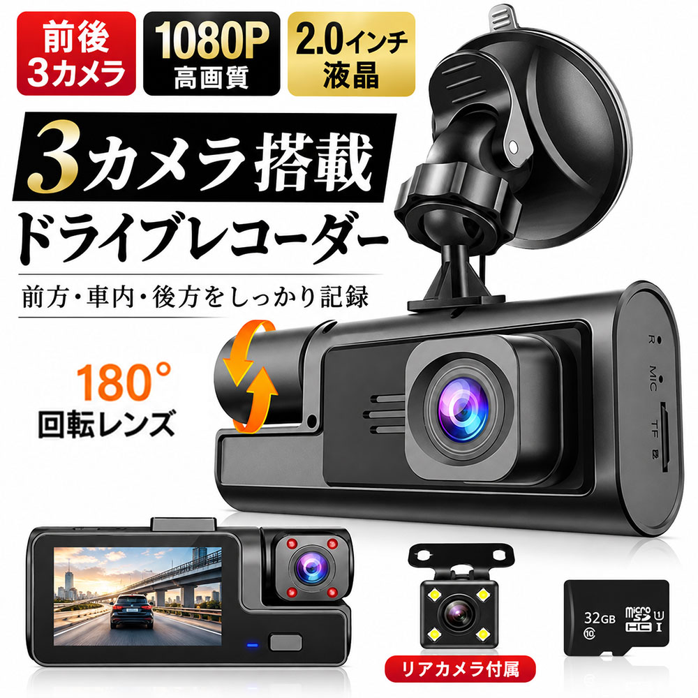 ドライブレコーダー 3カメラ 前後 車内 ドラレコ 3方向同時録画 2