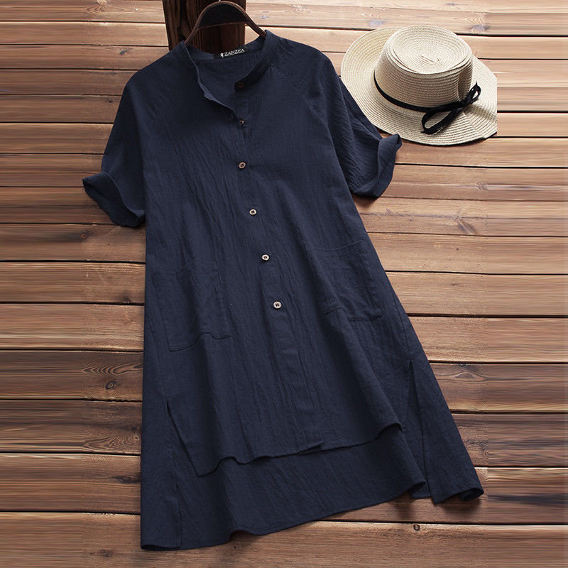 チュニック 綿麻混 ワンピース レディース 夏 トップス ロングシャツ ゆったり 体型カバー シャツワンピース ゆったり 半袖 リネンシャツ おしゃれ  ワンピース、チュニック