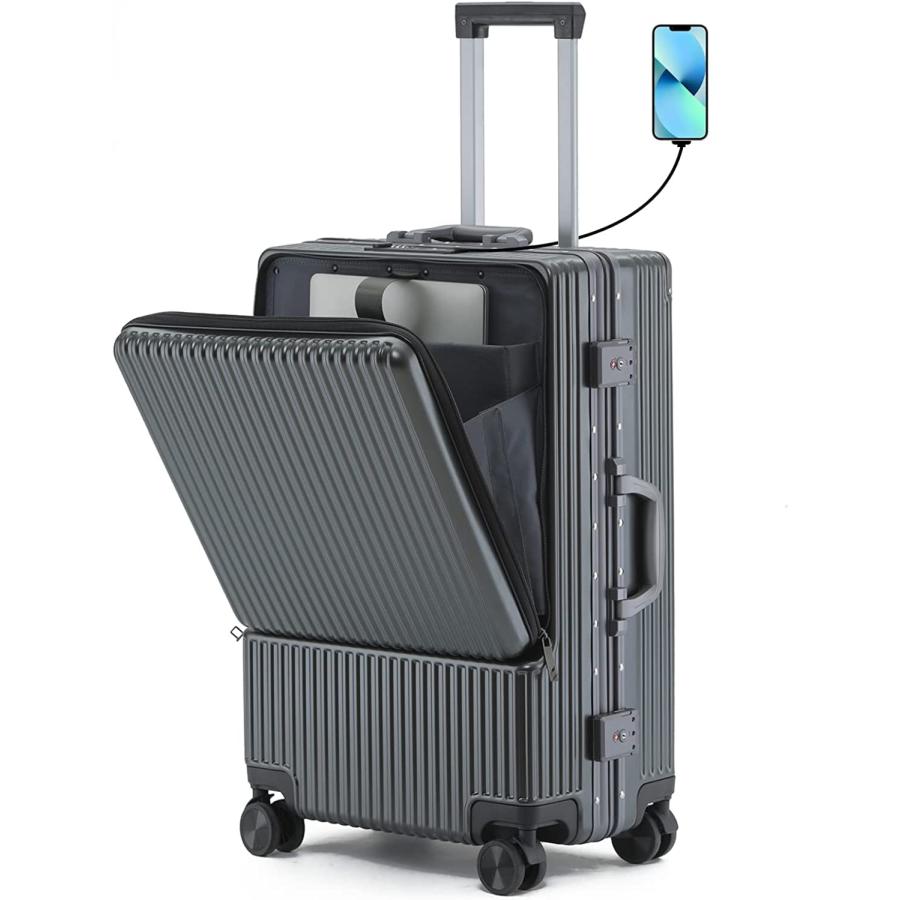 スーツケース USB充電口 前ポケット 機内持ち込み 補強アルミフレーム-