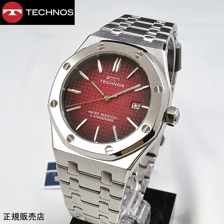 テクノスT9575アナログクォーツ3針カレンダーレッド文字盤箱付き t9c07sr-1.jpg