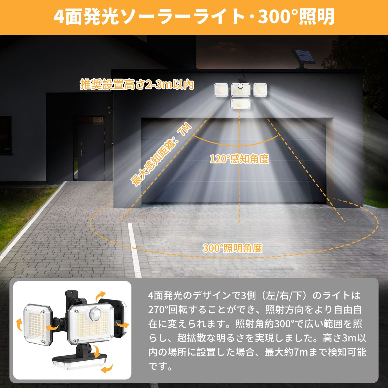 ソーラーライト 屋外 防水 分離型 センサーライト 【333LED/人感