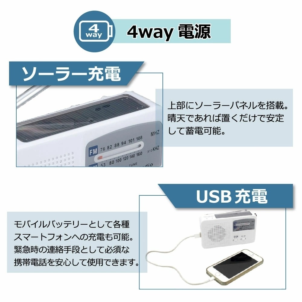 防災ラジオ 多機能 ポータブルラジオ 4way電源 AM/FMラジオ LEDライト